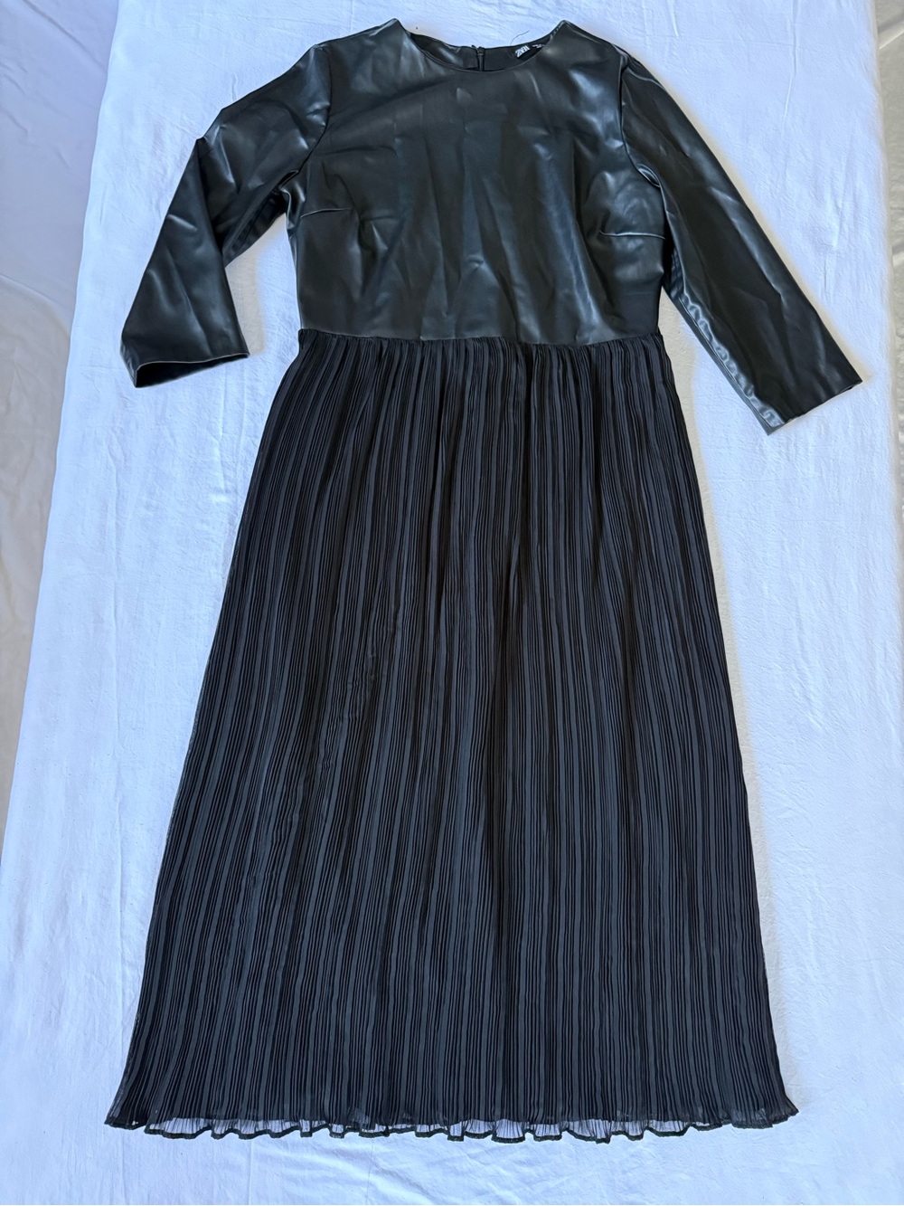 Zara XL NWOT Black Faux Leather Top Pleated Skirt Dress